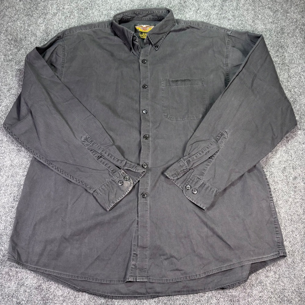 Harley Davidson Button Down Shirt Mens XL Charcoal Black Textured Cotton Biker